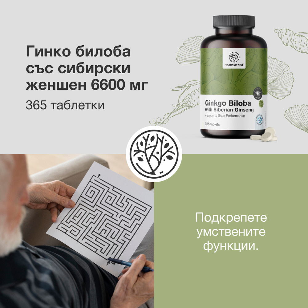 Гинко билоба със сибирски женшен 6600 мг, 365 таблетки - HealthyWorld.bg